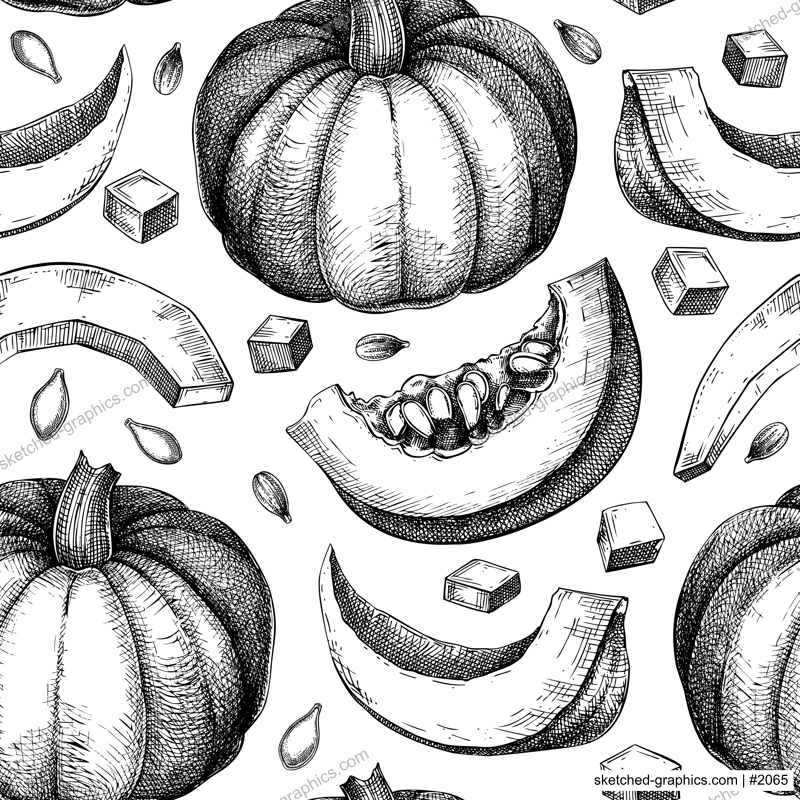 Pumpkin background. Autumn vegetables hand-drawn vector illustrations. Vintage Thanksgiving seamless pattern. NOT AI generated