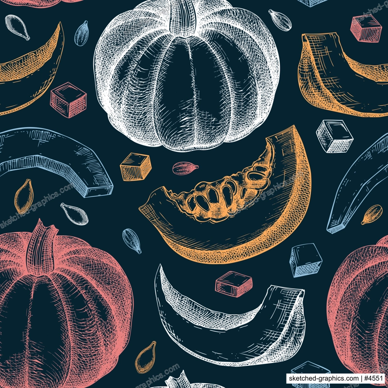 Pumpkin background. Autumn vegetables hand-drawn vector illustrations. Vintage Thanksgiving seamless pattern. NOT AI generated