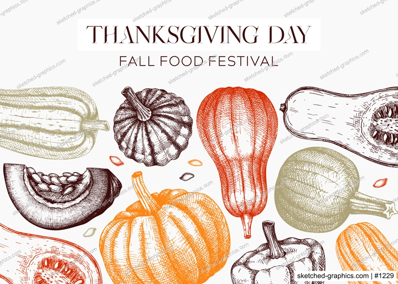 Sketched pumpkin banner in color. Thanksgiving day background. Autumn food drawings. Vector vegetables, butternut squash, marrow, pumpkin slice sketches. Fall Harvest festival frame design
