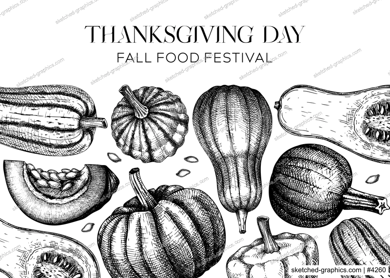 Sketched pumpkin banner. Thanksgiving day background. Autumn food black and white drawings. Vector vegetables, butternut squash, marrow, pumpkin slice sketches. Fall Harvest festival frame design