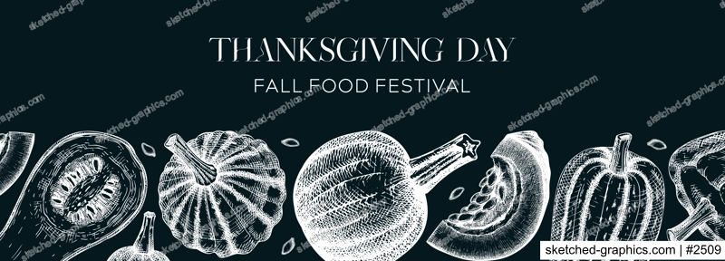 Sketched pumpkins banner on chalkboard. Thanksgiving day vintage design. Autumn food drawings. Vector vegetables, butternut squash, marrow, pumpkin sketches. Fall Harvest festival background