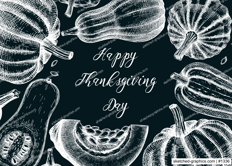 Sketched pumpkin illustrations on chalkboard. Thanksgiving day background. Autumn food drawings. Vector vegetables, butternut squash, marrow, pumpkin slice sketches. Fall Harvest festival frame