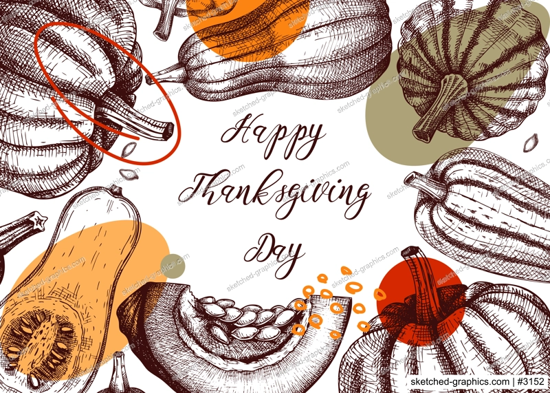 Sketched pumpkin collage design. Thanksgiving day background. Autumn food drawings. Vector vegetables, butternut squash, marrow, pumpkin slice sketches. Fall Harvest festival trendy frame