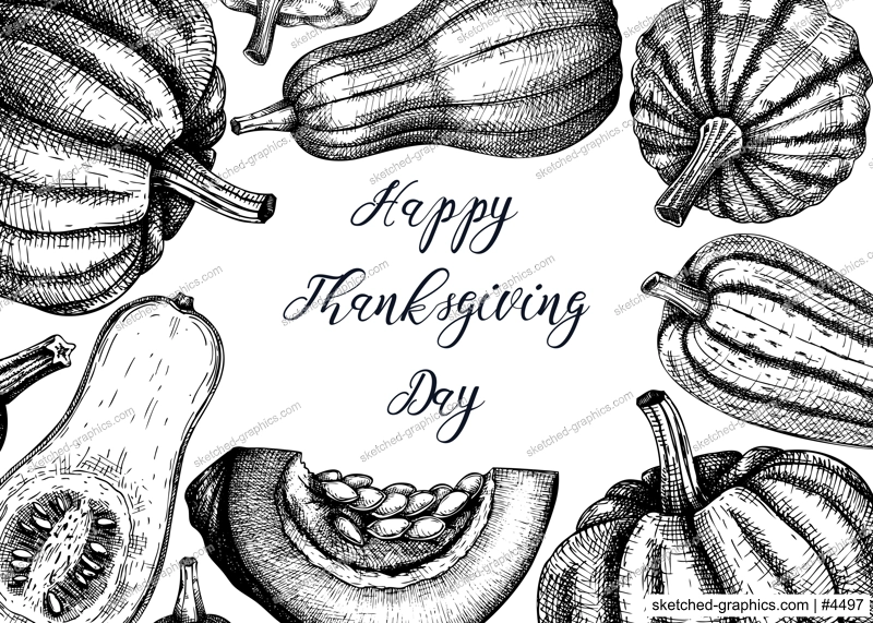 Sketched pumpkin frame. Thanksgiving day background. Autumn food black and white drawings. Vector vegetables, butternut squash, marrow, pumpkin slice sketches. Fall Harvest festival design template