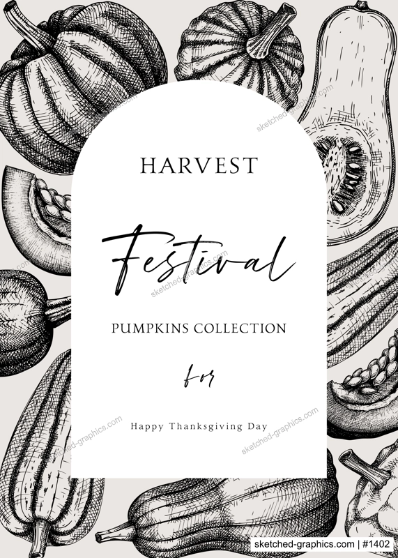 Pumpkins greeting card arc design. Thanksgiving background in sketched style. Autumn food vintage drawings. Vector vegetables, butternut squash, marrow, pumpkin sketches. Fall harvest invitation.