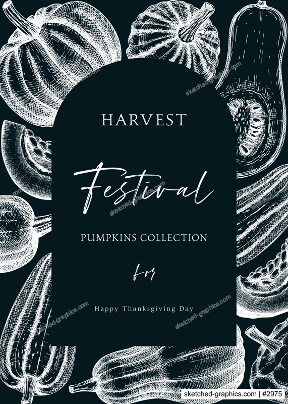 Pumpkins greeting card arc design. Thanksgiving background on chalkboard. Autumn food vintage sketches. Vector vegetables, butternut squash, marrow, pumpkin sketches. Fall harvest invitation.