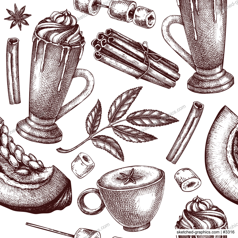Morning coffee background. Sketched drink illustration. Pumpkin latte seamless pattern. Coffee with milk and spices sketch. Hot drink drawing isolated on white. Pumpkin latte backdrop