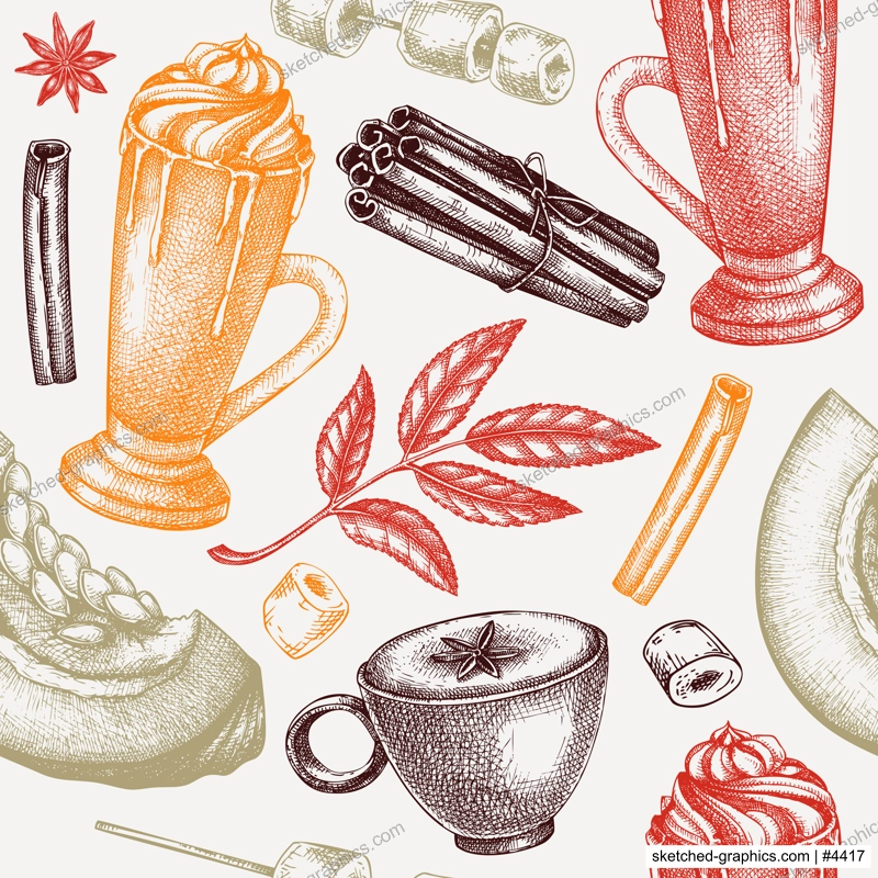 Morning coffee background. Sketched drink illustration. Pumpkin latte seamless pattern. Coffee with milk and spices sketch. Hot drink drawing isolated on white. Pumpkin latte backdrop