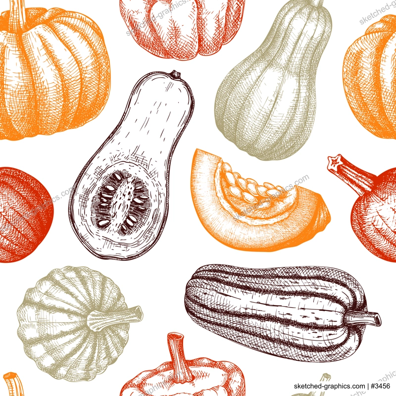 Sketched pumpkin seamless pattern. Thanksgiving day wall design. Autumn food background. Vector vegetables, butternut squash, marrow, pumpkin slice sketches. Fall harvest festival backdrop