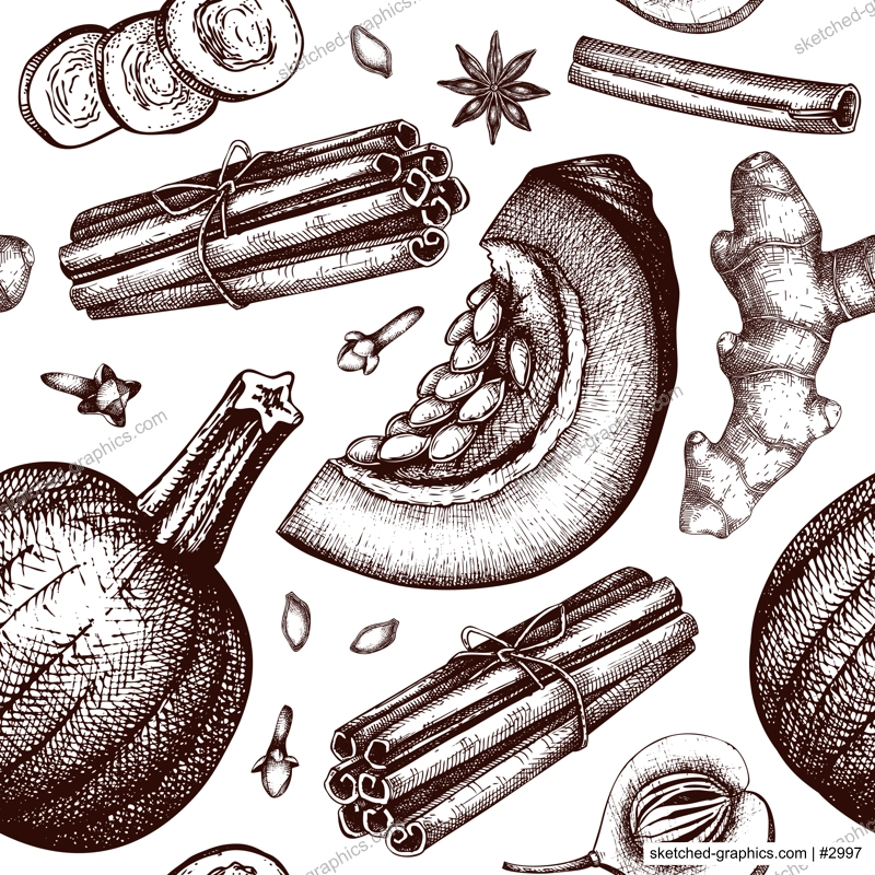 Autumn background with pumpkin spices sketches. Pumpkin cake ingredients seamless pattern. Anise star, ginger, cinnamon, nutmeg, cloves backdrop in color. Traditional fall food illustration