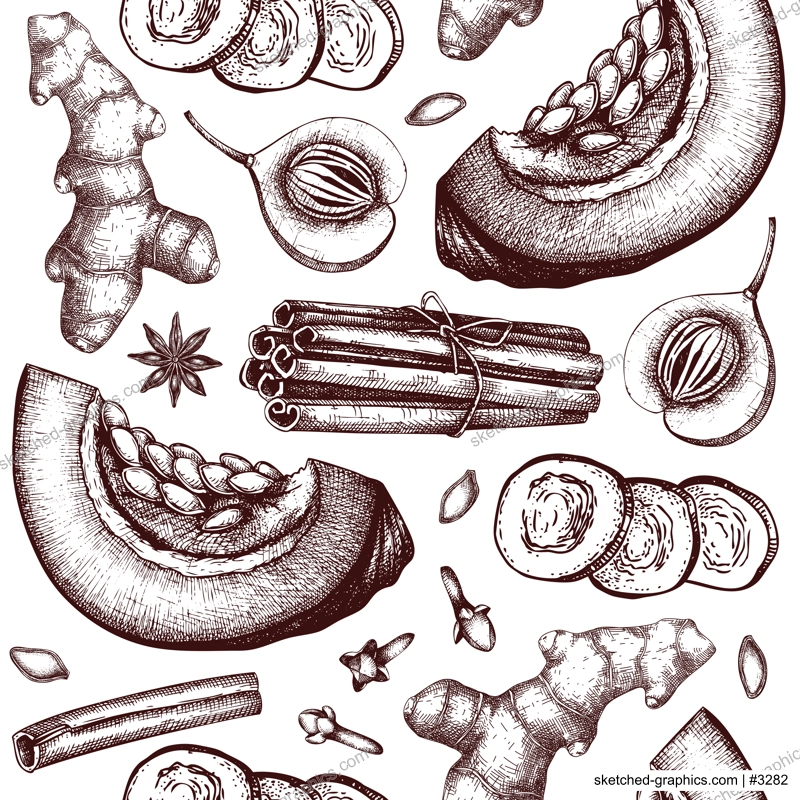 Autumn background with pumpkin spices sketches. Pumpkin cake ingredients seamless pattern. Anise star, ginger, cinnamon, nutmeg, cloves backdrop in color. Traditional fall food illustration