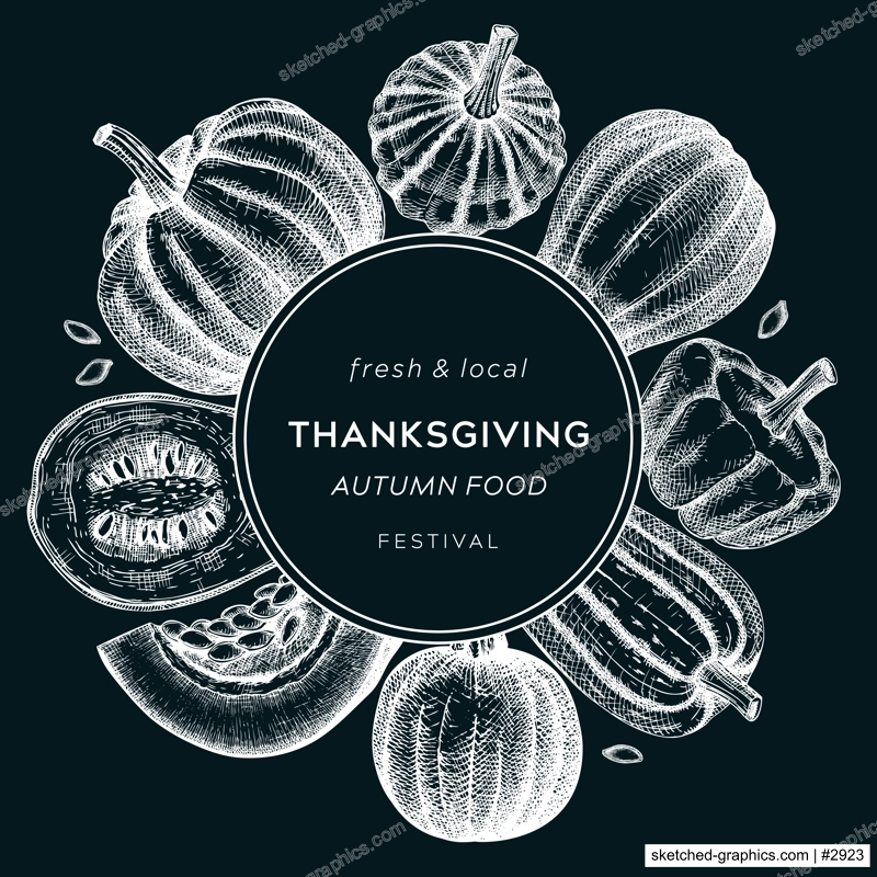 Sketched pumpkin wreath on chalkboard. Thanksgiving day vintage design. Autumn food drawings. Vector vegetables, butternut squash, marrow, pumpkins sketches. Fall Harvest festival card or invitation