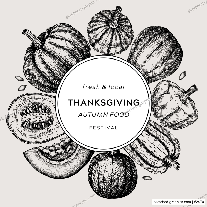 Sketched pumpkin vintage wreath. Thanksgiving day vintage design. Autumn food drawing. Vector vegetables, butternut squash, marrow, pumpkins sketches. Fall Harvest festival card or invitation template