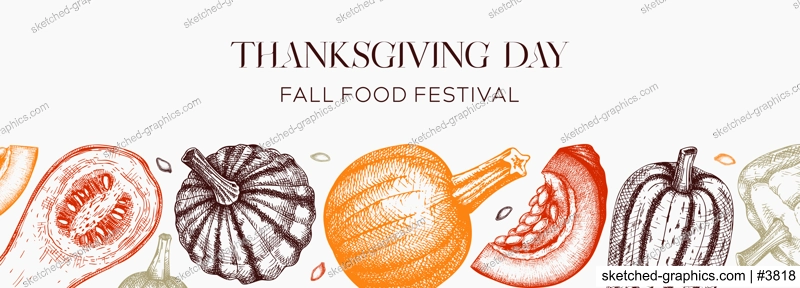 Sketched pumpkins banner in color. Thanksgiving day vintage design. Autumn food drawings. Vector vegetables, butternut squash, marrow, pumpkin sketches. Fall Harvest festival background