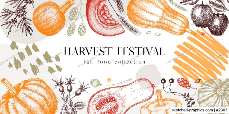 Sketched pumpkins collage in color. Thanksgiving background with autumn plants and fruit  drawings. Vector vegetables, butternut squash, marrow, pumpkin sketches. Fall harvest banner