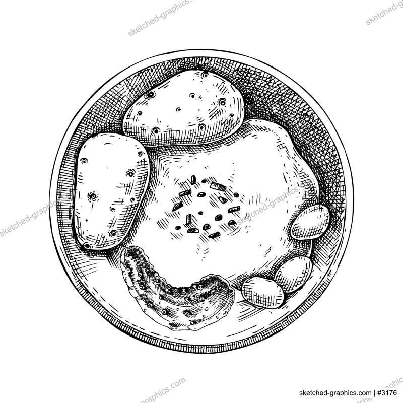 Melting Raclette Cheese With Potato, cucumber and Ham in plate sketch. Hand-drawn vector illustration. European Christmas market food. Traditional fast food design elements. 