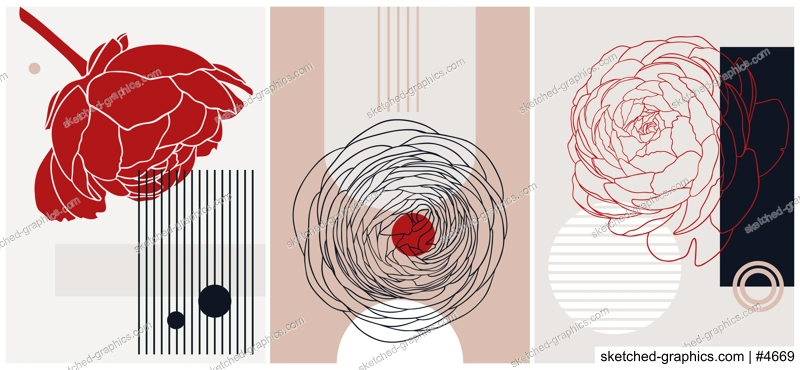 Trendy collage style ranunculus card designs. Abstract and minimalist illustrations with floral outlines. With geometric shapes and botanical elements for wall art, prints, decoration, invitations