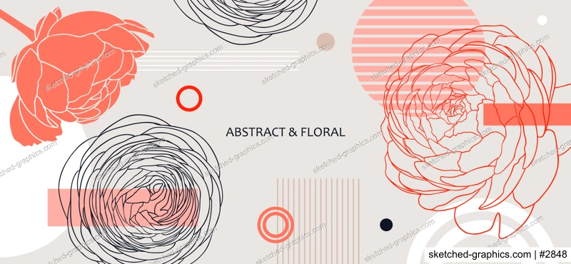 Collage style ranunculus vector illustration. Hand-sketched spring flowers. Trendy design with ranunculus, geometric shapes, and abstract elements. For print, poster, card, social media, wall art.