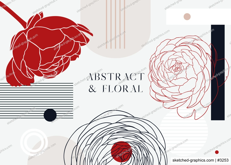 Collage style ranunculus vector illustration. Hand-sketched spring flowers. Trendy design with ranunculus, geometric shapes, and abstract elements. Floral print, poster, card, social media, wall art.