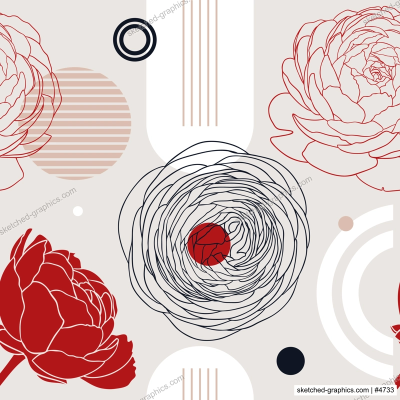 Trendy collage style ranunculus background. Abstract and minimalist seamless pattern with floral outlines. With geometric shapes and botanical elements for wall art, prints, decoration, invitations