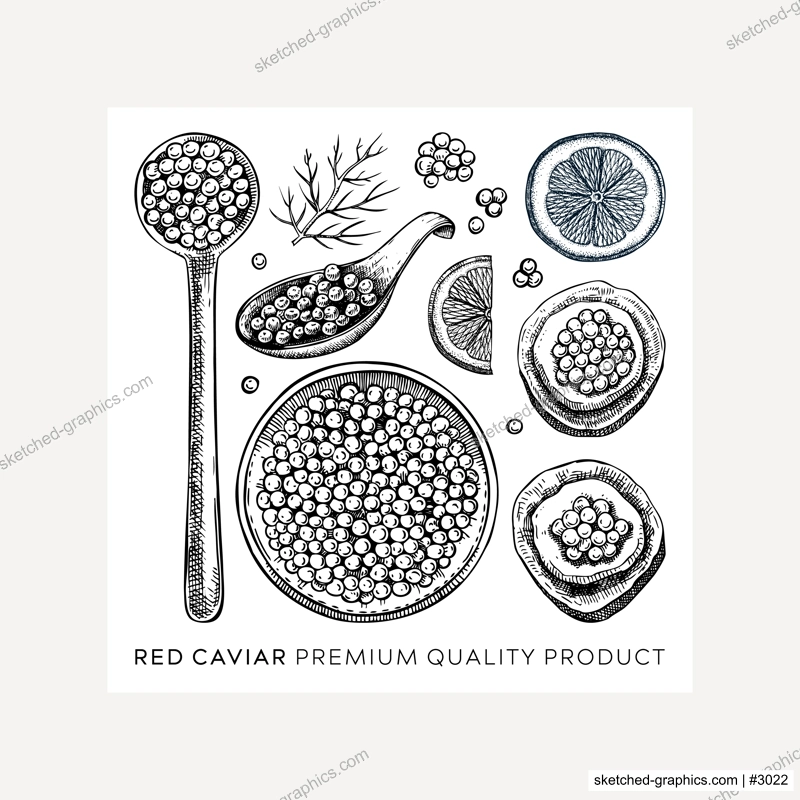 Hand-drawn red caviar sketches set isolated on white background. Red caviar in opened tin can, caviar canape, lemons, dill vector drawings. Seafood delicacy illustrations for restaurant or finger food