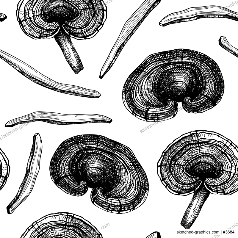 Reishi mushrooms background. Hand-sketched medicinal plant vector drawings. Adaptogenic mushroom seamless pattern. Dried reishi sketches