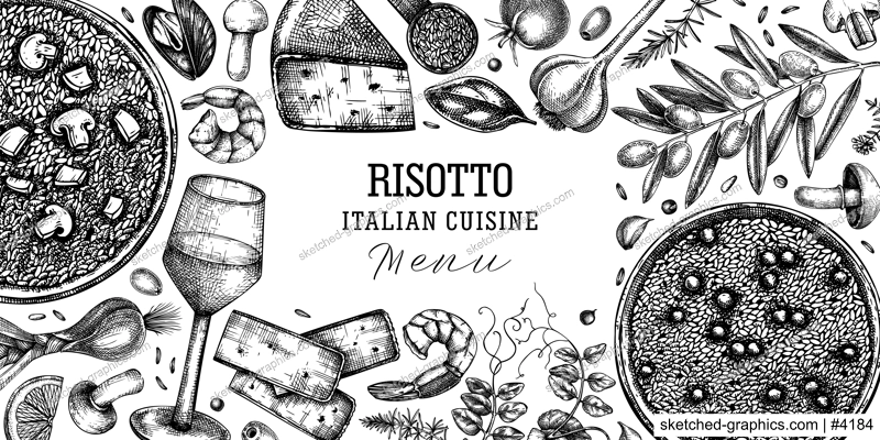  Italian food and drinks vector background. Hand drawn risotto frame. Mediterranean cuisine ingredients - olives, cheese, mushrooms, pea, rice illustrations. Restaurant menu modern design template. 