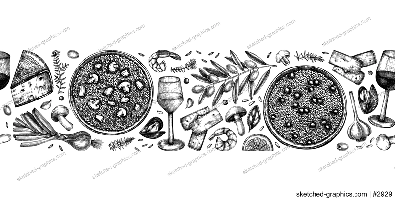 Risotto cooking ingredients sketched banner. Wine drawings in vintage style. Hand drawn food and drinks vector illustrations. Classical Italian cuisine seamless ribbon for restaurant menu design.