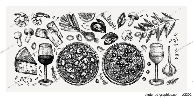 Italian risotto cooking ingredients sketches collection. Wine drawings in vintage style. Hand drawn food and drinks vector illustrations. Classical Italian cuisine design elements for restaurant menu