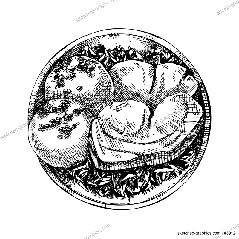 Roast pork with dumplings vintage drawing. German food sketch. Oktoberfest menu design element. Hand-drawn food illustration for Octoberfest. Traditional German festival cuisine meal. 