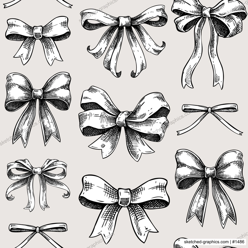 Rococo background. Coquette bow sketches. Victorian seamless pattern. Vintage baroque ribbons. Hand-drawn vector illustrations. NOT AI generated