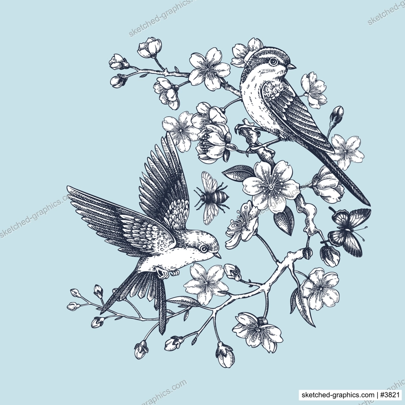 Rococo spring poster template. Japanese art. Sakura, blooming cherry, flying bird hand-drawn illustration. Vector floral design for print. NOT AT generated