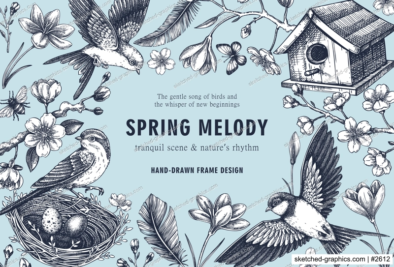Rococo spring background. Easter frame design template. Hand-drawn flowers, flying birds, blooming cherry vector illustration sketch. NOT AI generated