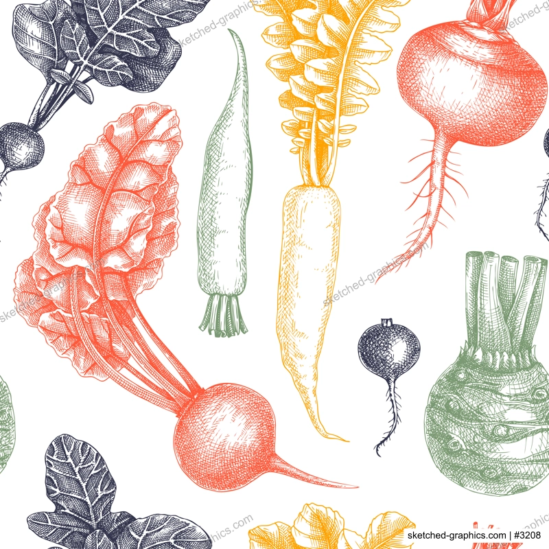 Fresh root vegetables background. Root plants sketches design. Garden vegetable seamless pattern. Hand-sketched beet, radish, daikon, celery, turnip backdrop for or menu, wrapping paper, packaging