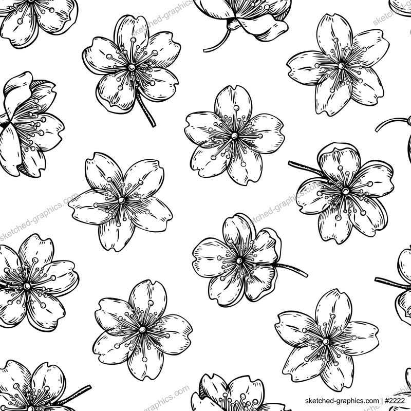 Sakura flowers pattern. Cherry blossom background. Blooming flower sketches. Floral seamless design. Hand-drawn vector illustration. NOT AI genereted
