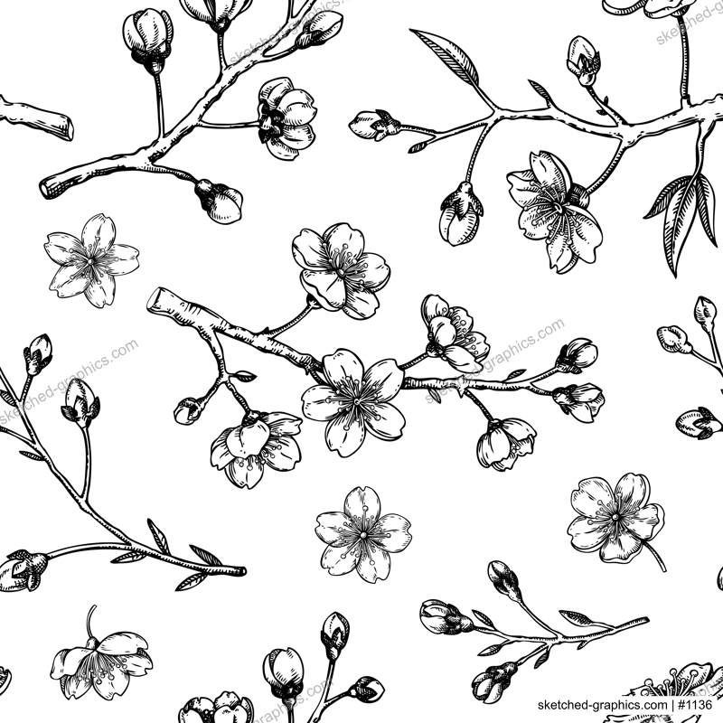 Sakura pattern. Cherry blossom tree background. Blooming flower sketches. Floral seamless design. Hand-drawn vector illustration. NOT AI genereted