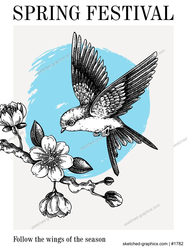 Collage style spring poster template. Japanese art. Sakura, blooming cherry, flying bird hand-drawn illustration. Vector floral design for print. NOT AT generated