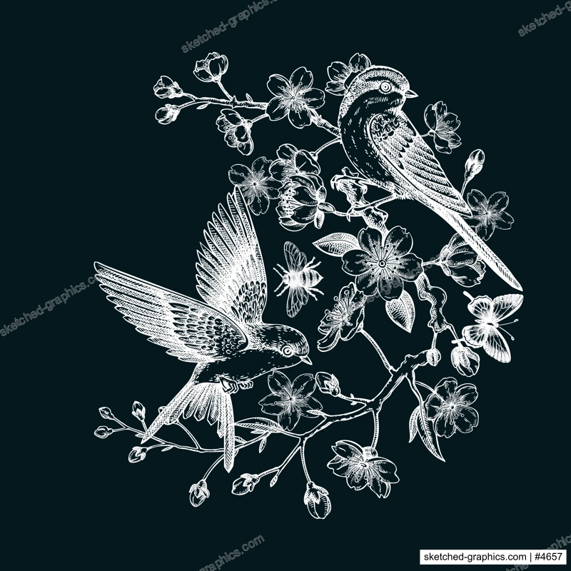 Spring poster template. Japanese art. Sakura, blooming cherry, flying bird chalk drawings. Hand-drawn illustration. Vector floral design for print. NOT AT generated