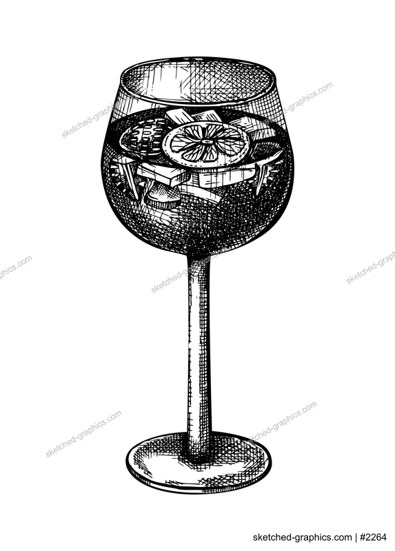 Hand-sketched wine glass illustration. Vector sketch of the popular drink isolated on white background. Vintage drawing sangria with fruits for bar or restaurant menu design.
