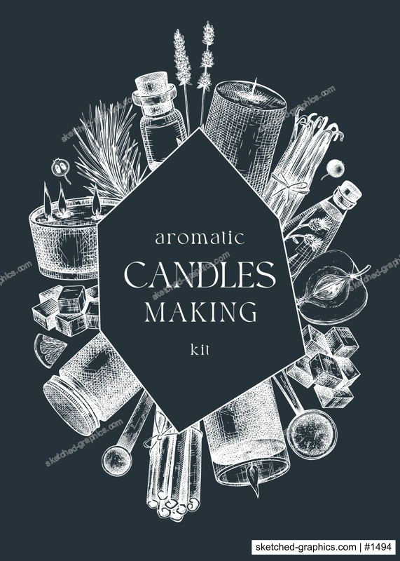 Scented candles card or flyer design. Hand-sketched aromatic materials and natural ingredients for candle making, cosmetics, perfumery. Great template for branding, packaging, identity, web banners. 