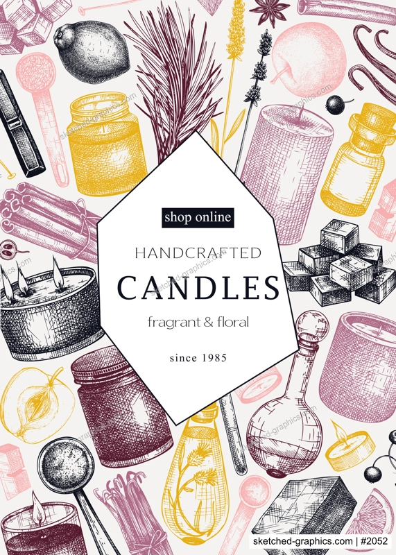Scented candles card or flyer design. Hand-sketched aromatic materials and natural ingredients for candle making, cosmetics, perfumery. Great template for branding, packaging, identity, web banners. 