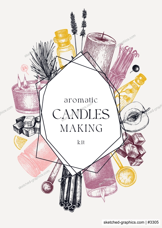 Scented candles card or flyer design. Hand-sketched aromatic materials and natural ingredients for candle making, cosmetics, perfumery. Great template for branding, packaging, identity, web banners. 