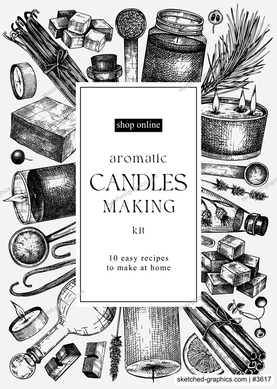 Scented candles card or flyer design. Hand-sketched aromatic materials and natural ingredients for candle making, cosmetics, perfumery. Great template for branding, packaging, identity, web banners. 