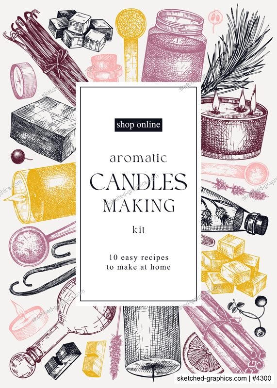 Scented candles card or flyer design. Hand-sketched aromatic materials and natural ingredients for candle making, cosmetics, perfumery. Great template for branding, packaging, identity, web banners. 