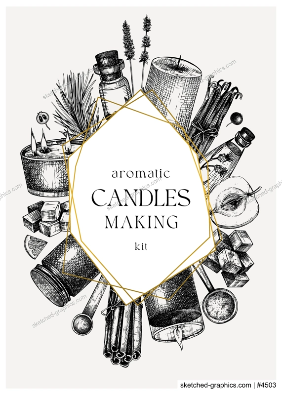 Scented candles card or flyer design. Hand-sketched aromatic materials and natural ingredients for candle making, cosmetics, perfumery. Great template for branding, packaging, identity, web banners. 