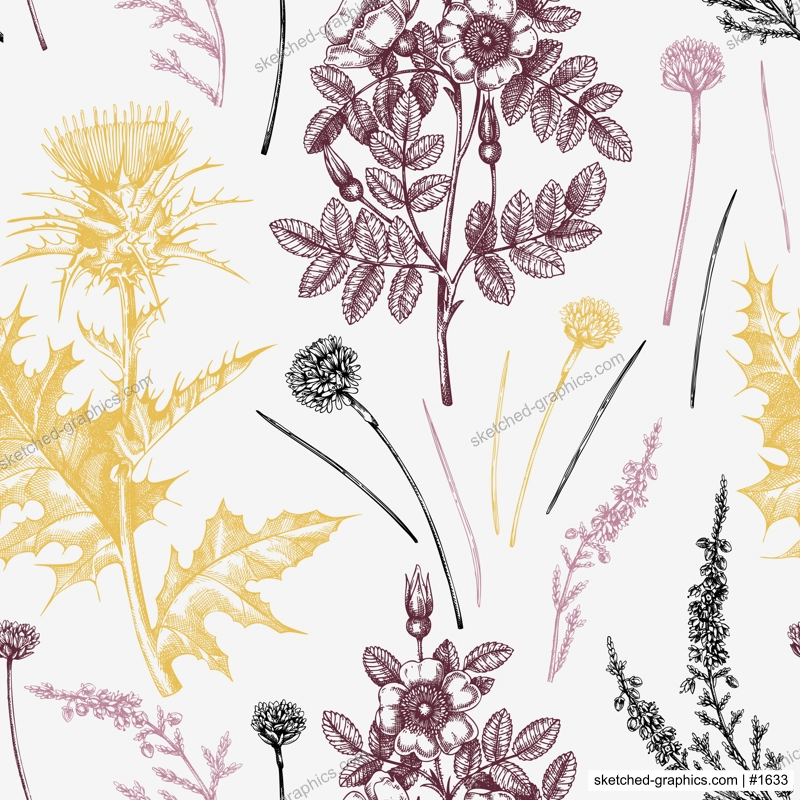 Hand sketched floral background. Vintage summer florals drawing seamless pattern. Traditional plant of Scotland. Botanical elements in engraved style. Scottish flowers backdrop.