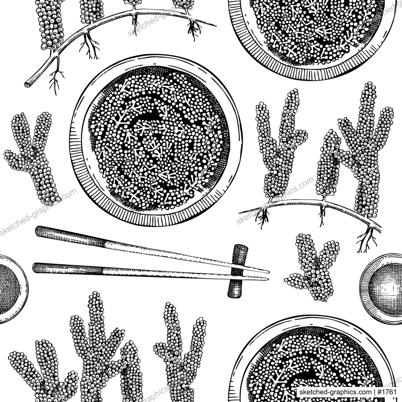 Hand drawn sea grapes seamless pattern. Umibudo salad sketch. Green caviar. Edible seaweed vector background isolated on white background. Asian cuisine texture