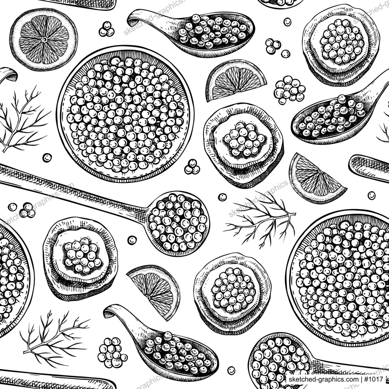 Seafood background for restaurant or finger food menu design. Hand-drawn sketches of canned caviar, red caviar canape, bread, lemons. Sea delicacy seamless pattern in sketched style.