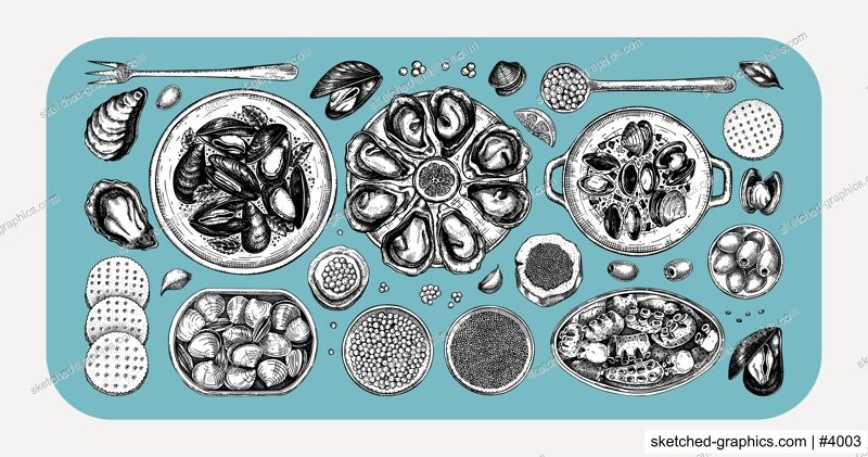 Seafood buffet illustrations collection in collage style. Hand drawn shellfish - mussels, oyster, shrimps, caviar, canned fish canape sketches. Mediterranean cuisine, restaurant menu, finger food part