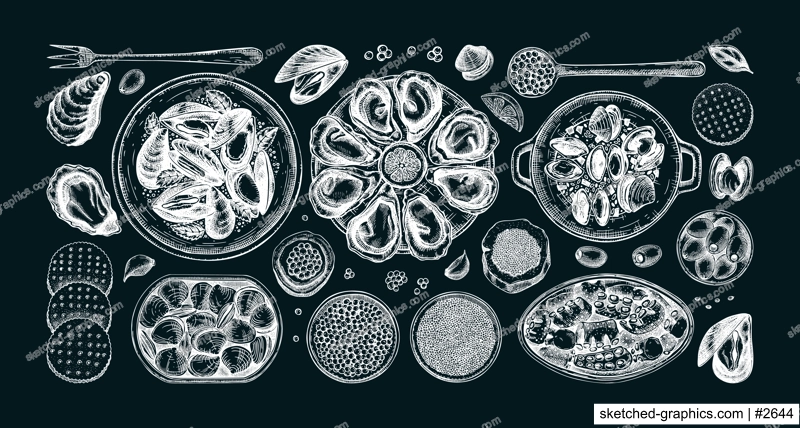 Seafood buffet illustrations collection in collage style. Hand drawn shellfish - mussels, oyster, shrimps, caviar, canned fish canape sketches. Mediterranean cuisine, restaurant menu, finger food part